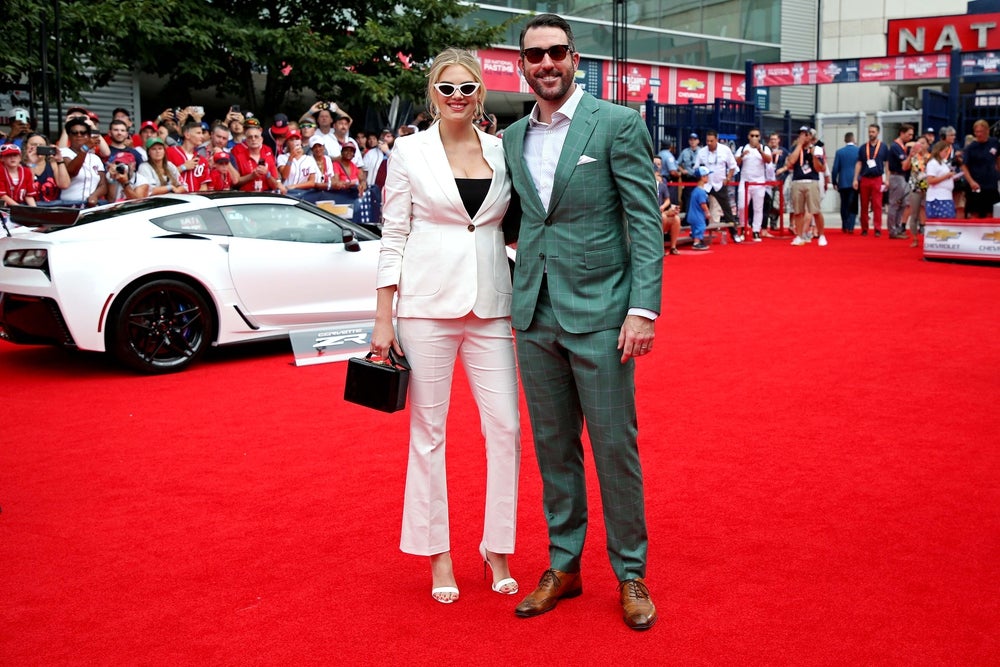 Jul 17, 2018; Washington, DC, USA; American League pitcher Justin Verlander of the Houston Astros (35) and his wife Kate Upton during the 2018 MLB home run derby at Nationals Ballpark. Mandatory Credit: Geoff Burke-Imagn Images