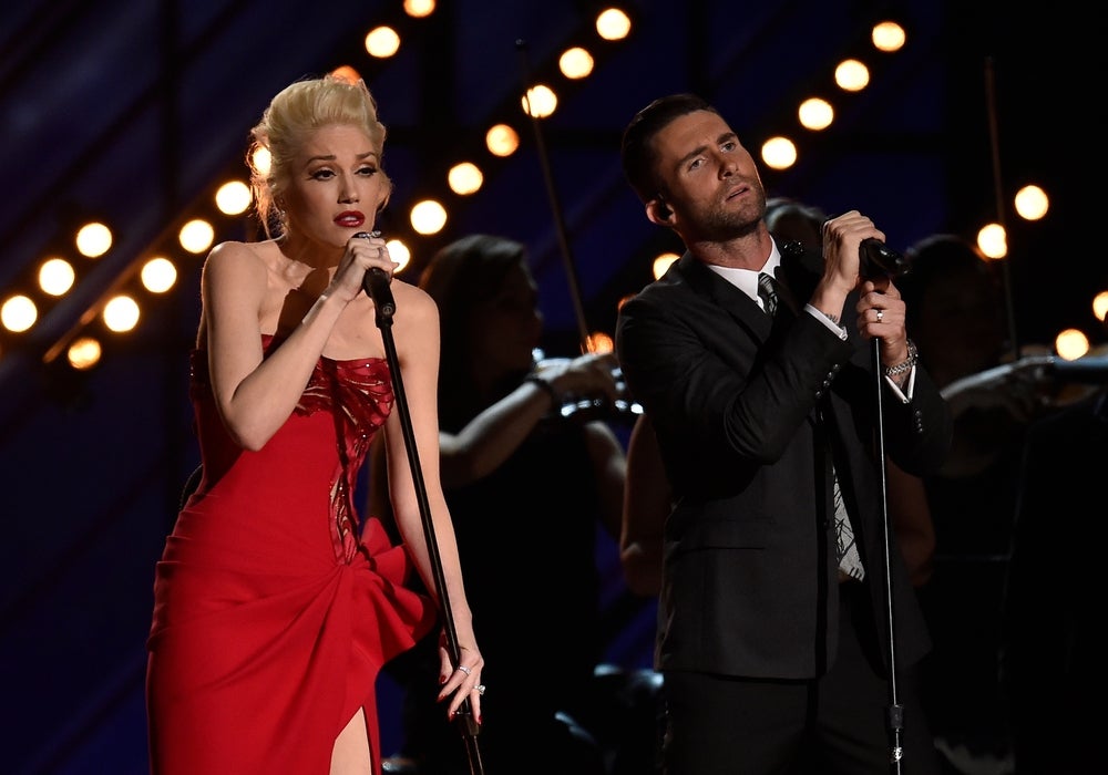 Feb 8, 2015; Los Angeles, CA, USA;  Gwen Stefani and Adam Levine perform \"My Heart Is Open\" at the 57th annual Grammy Awards at the Staples Center. Mandatory Credit: Robert Hanashiro-USA TODAY