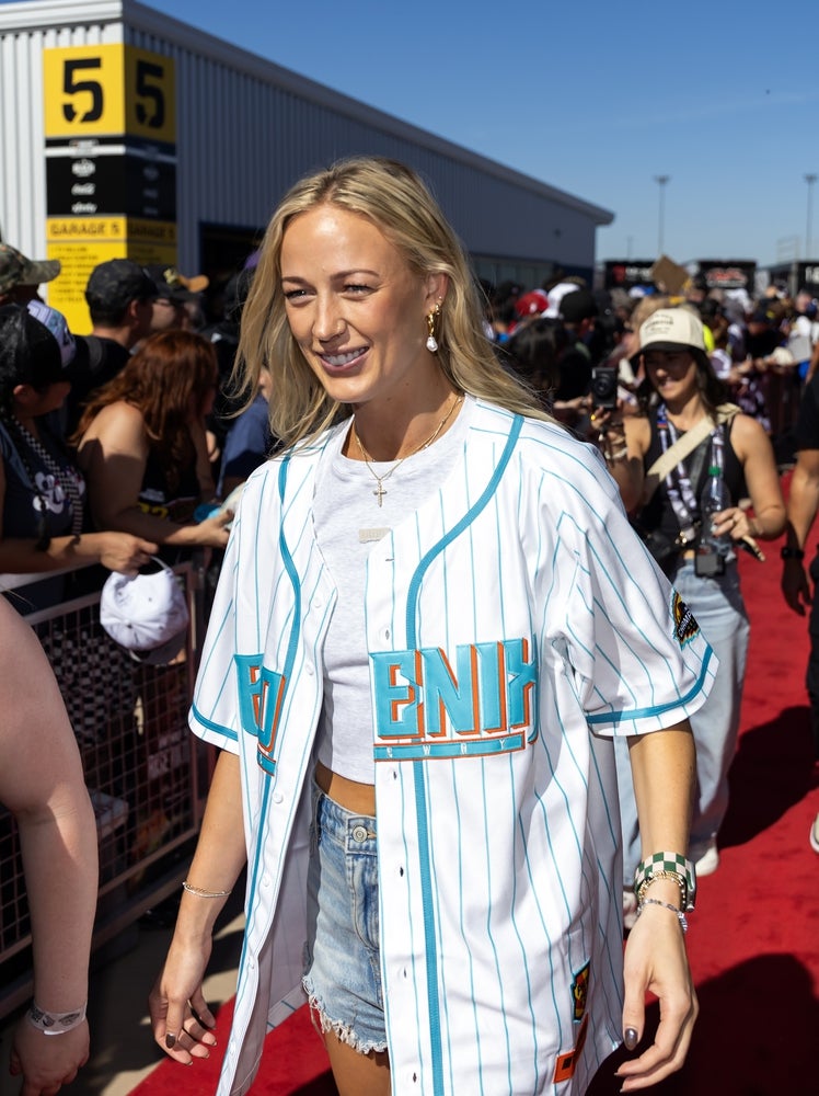 Nov 2, 2025; Avondale, Arizona, USA; Indiana Fever guard Sophie Cunningham in attendance prior to the NASCAR Championship race at Phoenix Raceway. Mandatory Credit: Mark J. Rebilas-Imagn Images