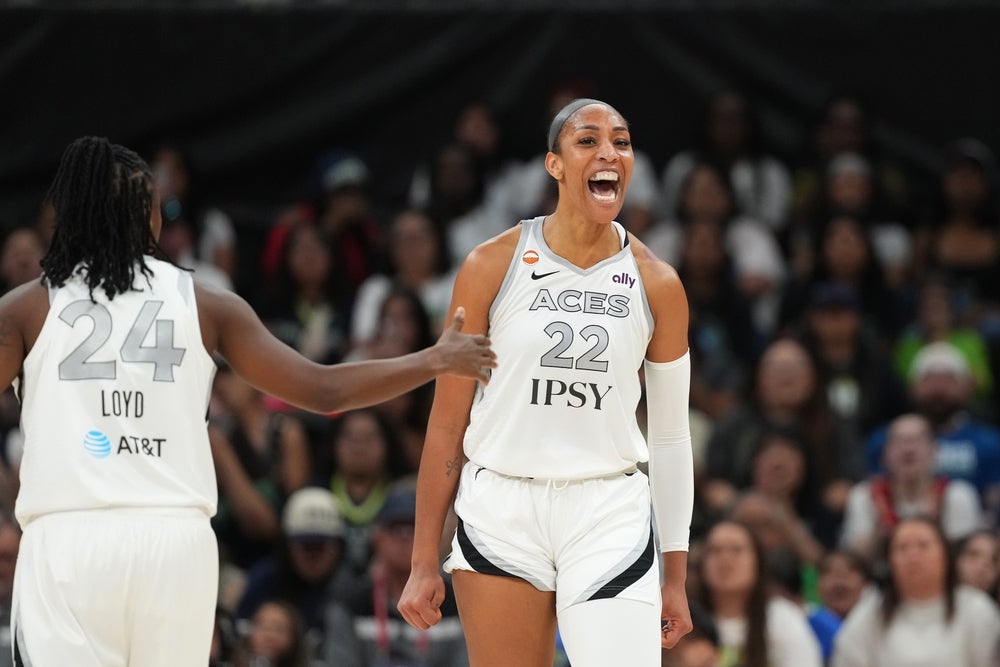 May 3, 2026; Austin, TX, USA; Las Vegas Aces center A’ja Wilson (22) reacts after scoring while drawing a foul during the first half against the Dallas Wings at Moody Center. Mandatory Credit: Scott Wachter-Imagn Images