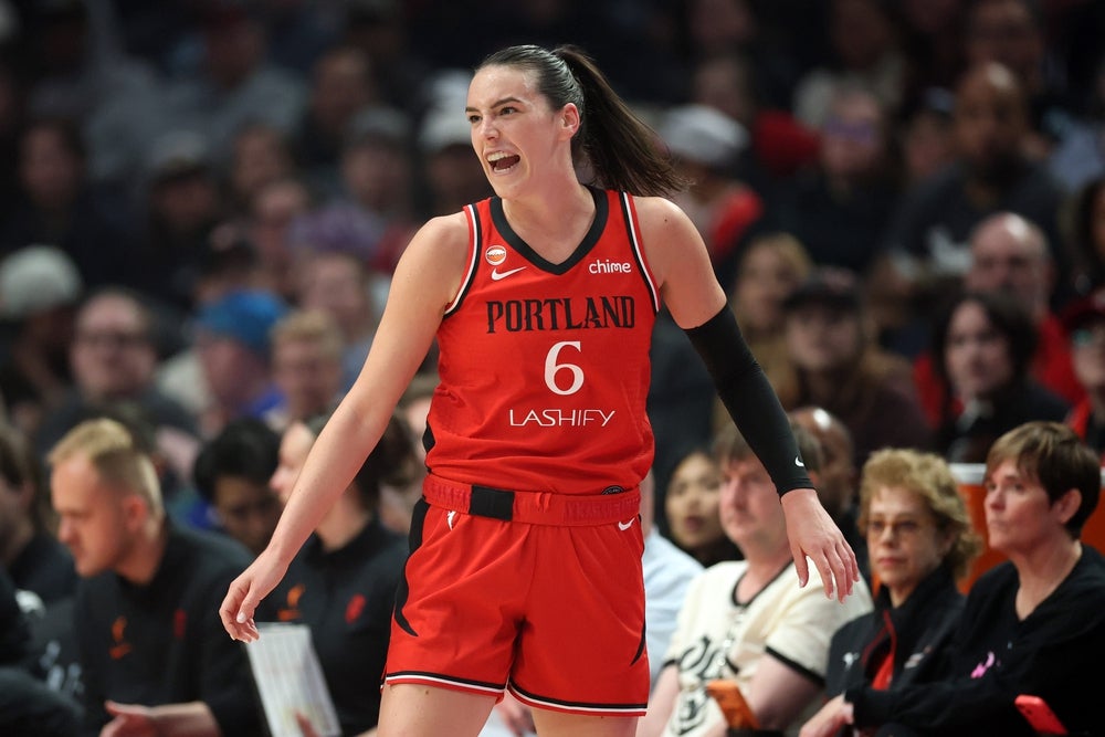 Jun 5, 2026; Portland, Oregon, USA; Portland Fire forward Bridget Carleton (6) reacts during the first half against the Phoenix Mercury at Moda Center. Mandatory Credit: Soobum Im-Imagn Images