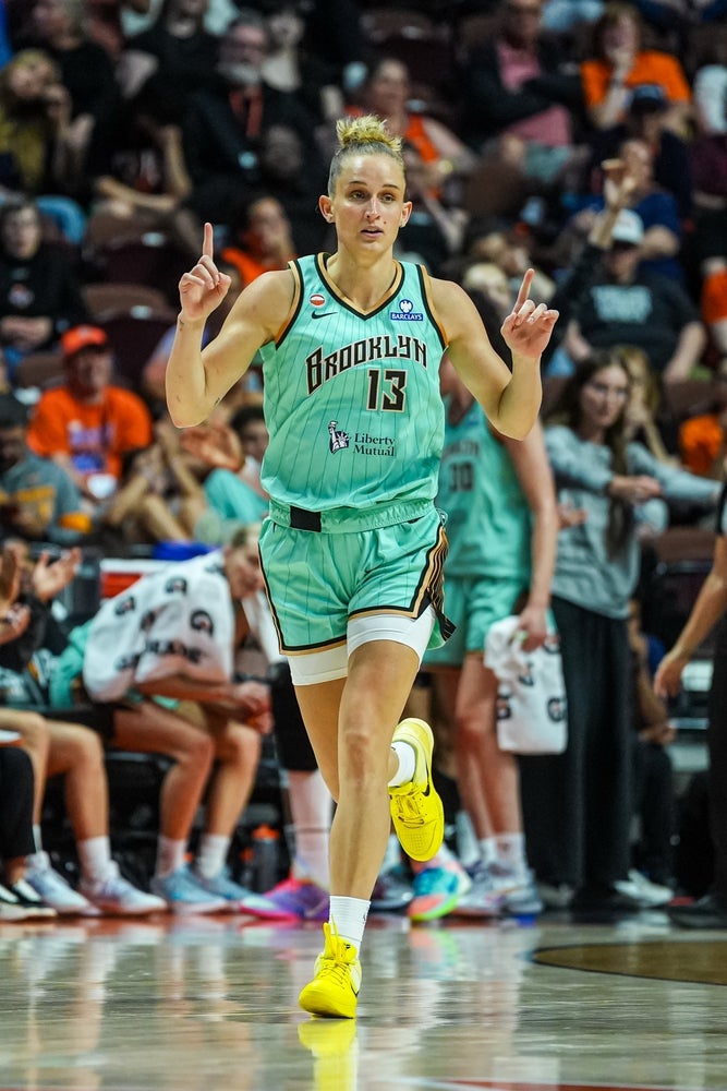 Jun 8, 2026; Uncasville, Connecticut, USA; New York Liberty forward Leonie Fiebich (13) reacts after her basket against the Connecticut Sun in the second half at Mohegan Sun Arena. Mandatory Credit: David Butler II-Imagn Images
