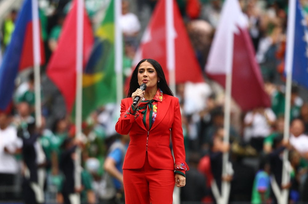  June 11, 2026; Mexico City, Mexico; Actress and FIFA World Cup 2026 Ambassador Salma Hayek Pinault before the match.  Mandatory Credit: Kai Pfaffenbach-REUTERS 