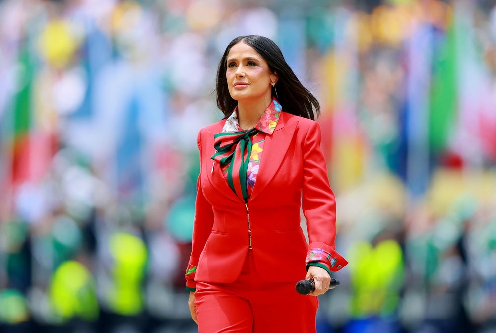  June 11, 2026; Mexico City, Mexico; Actress and FIFA World Cup 2026 Ambassador Salma Hayek Pinault before the match.  Mandatory Credit: Eloisa Sanchez-REUTERS 