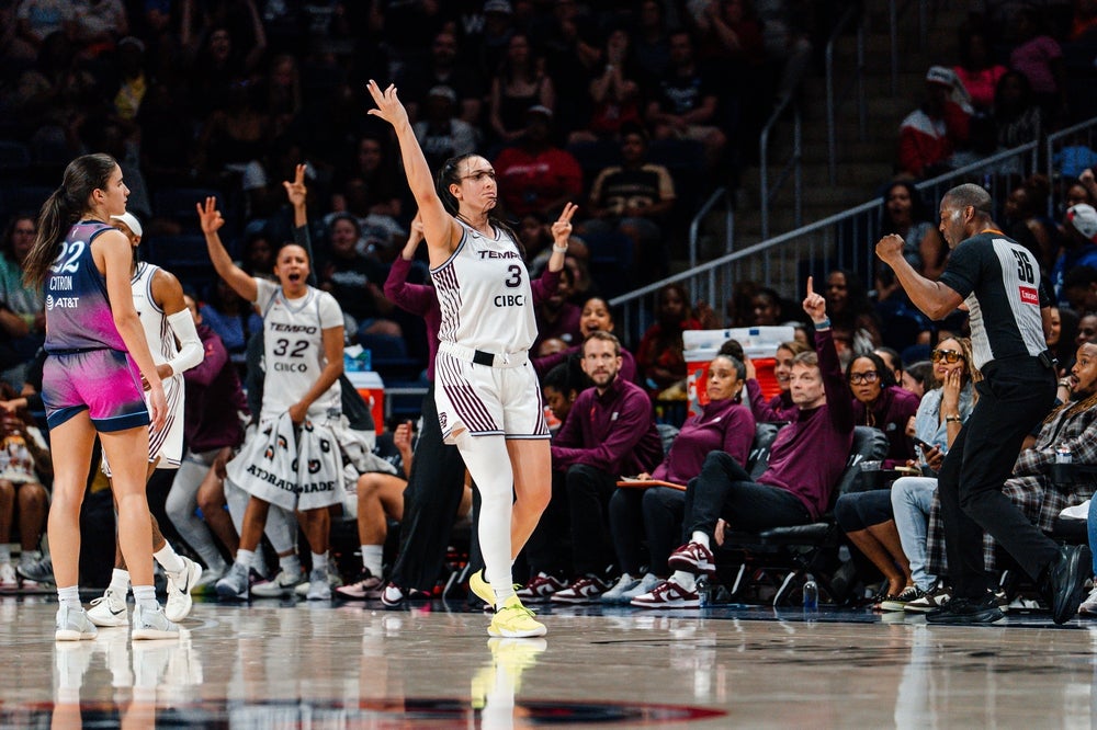 Jun 12, 2026; Washington, District of Columbia, USA; Toronto Tempo guard Marina Mabrey (3) celebrates during the second half against the Washington Mystics at CareFirst Arena. Mandatory Credit: Emily Faith Morgan-Imagn Images