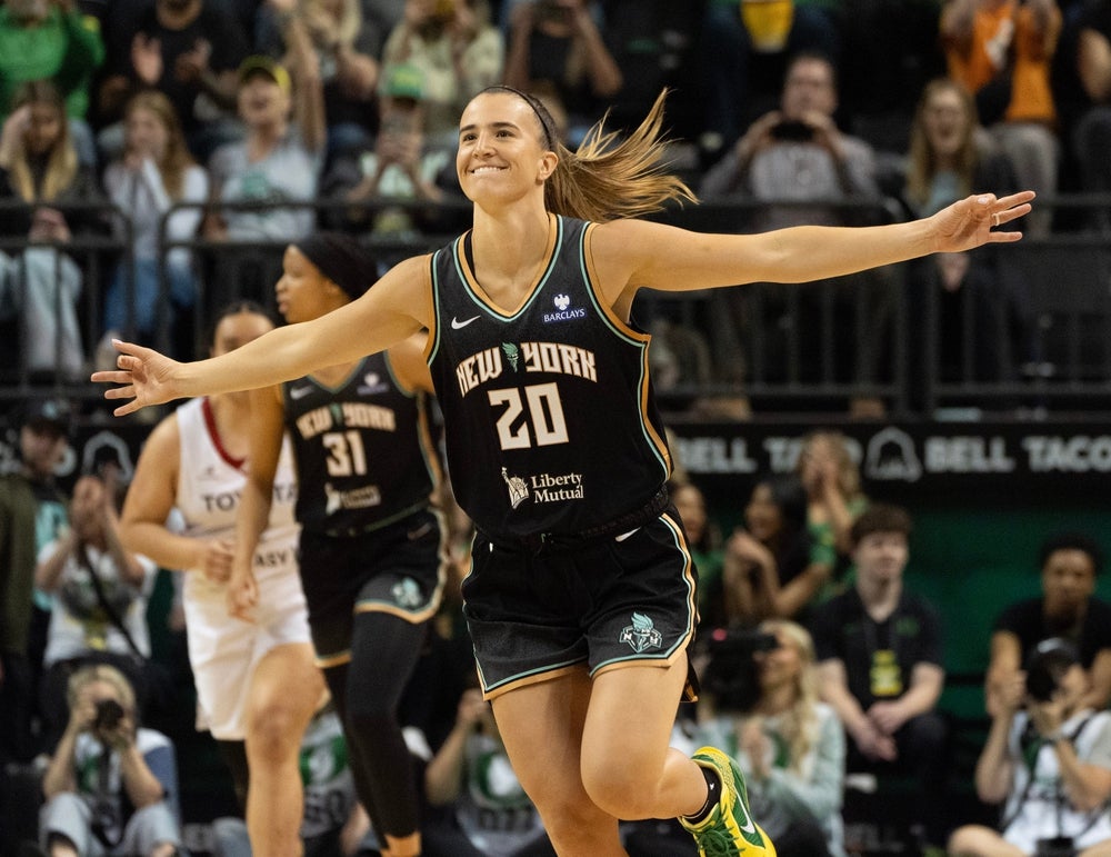 New York Liberty Sabrina Ionescu celebrates a 3-point shot against the Toyota Antelopes during the second half at Matthew Knight Arena May 12, 2025 in Eugene.