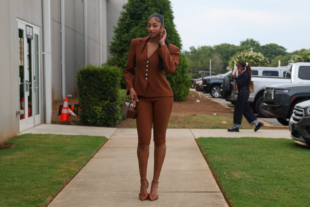 Jul 9, 2026; College Park, Georgia, USA; Atlanta Dream forward Angel Reese (5) arrives at Gateway Center Arena at College Park before a game against the Seattle Storm. Mandatory Credit: Brett Davis-Imagn Images