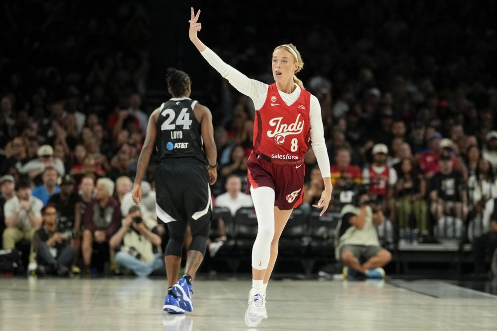 Jul 12, 2026; Las Vegas, Nevada, USA; Indiana Fever guard Sophie Cunningham (8) celebrates after scoring against the Las Vegas Aces during the third quarter of a WNBA basketball game at Michelob Ultra Arena. Mandatory Credit: Lucas Peltier-Imagn Images