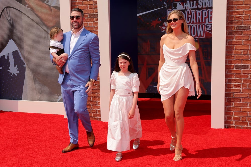 Jul 14, 2026; Philadelphia, PA, USA; Detroit Tigers starting pitcher Justin Verlander and wife and model Kate Upton walk the red carpet with their children during the All-Star Red Carpet Show at Independence Mall. Mandatory Credit: Brad Penner-Imagn Images