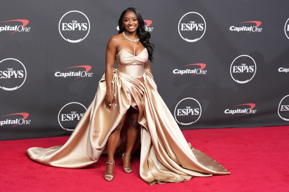Jul 15, 2026; New York, NY, USA; Simone Biles arrives on the red carpet before the 2026 ESPY Awards at Lincoln Center. Mandatory Credit: Kirby Lee-Imagn Images