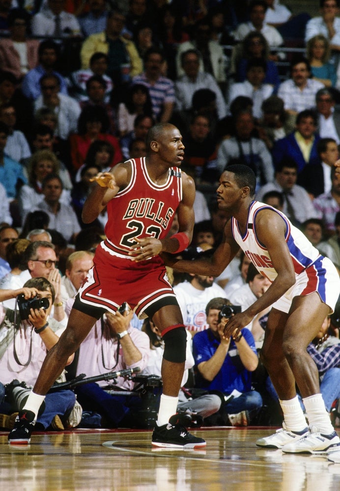 May 1989; Detroit, MI, USA: FILE PHOTO; Chicago Bulls guard Michael Jordan) is defended by Detroit Pistons guard Joe Dumars (4) during the 1988-89 NBA Eastern Conference Finals at The Palace. The Pistons defeated the Bulls 4 games to 2. Mandatory Credit: MPS-Imagn Images
