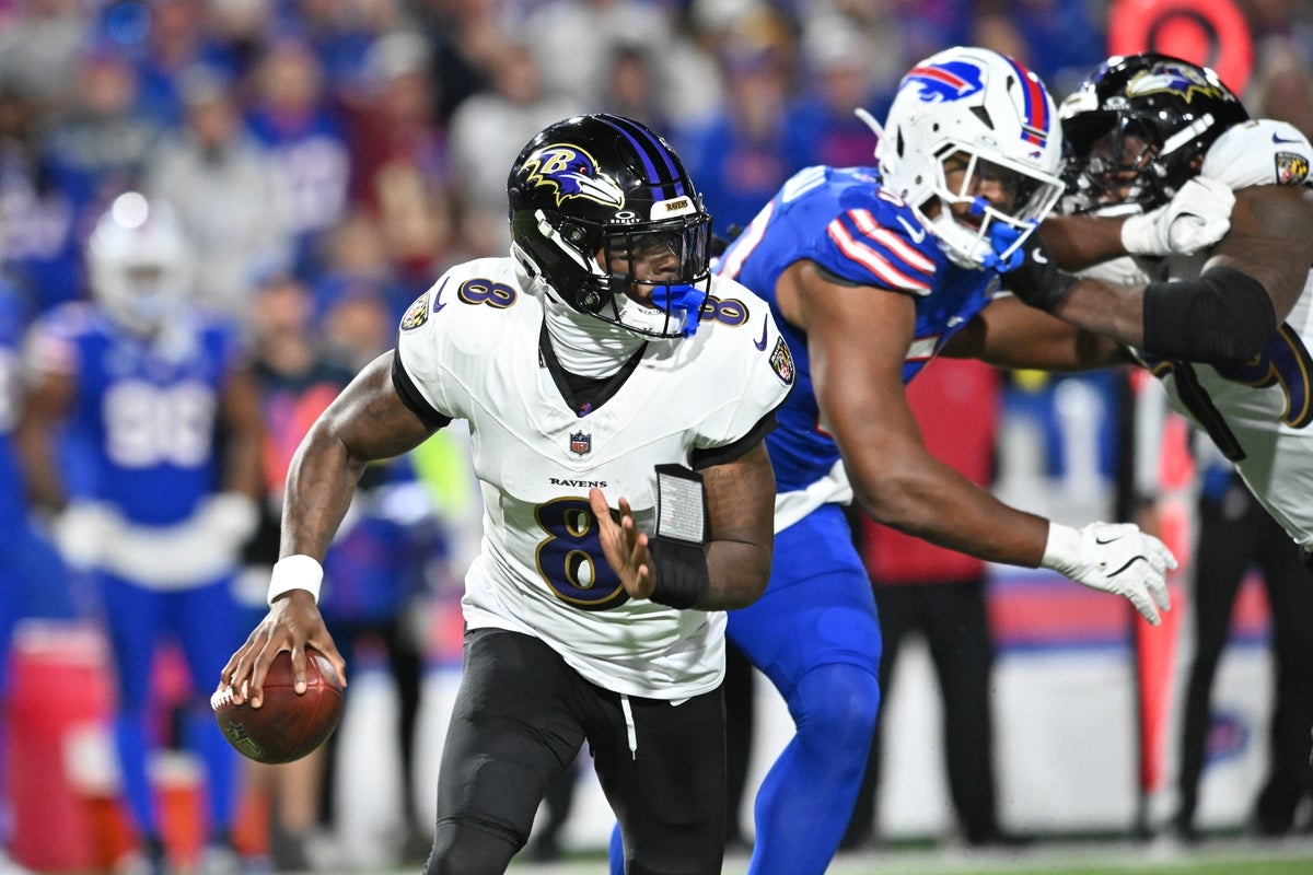 Detroit Lions linebacker Derrick Barnes celebrates a sack of Baltimore Ravens quarterback Lamar Jackson during the second half at M&T Bank Stadium in Baltimore, Md. on Monday, Sept. 22, 2025.
