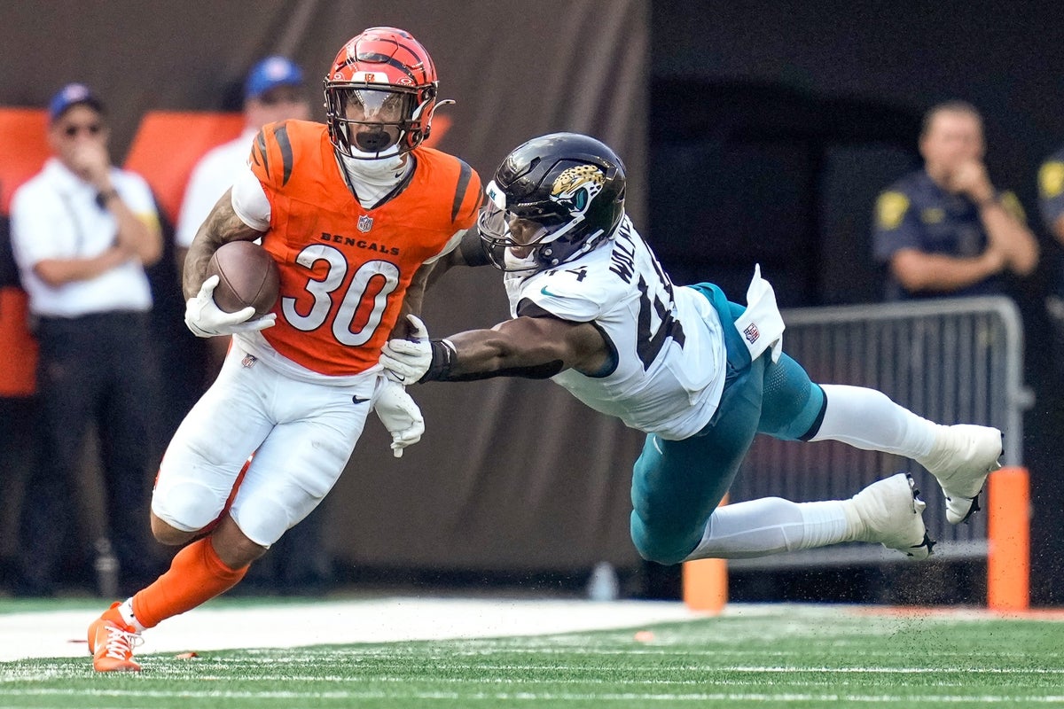 Cincinnati Bengals running back Chase Brown (30) completes a pass on fourth down to extended the drive in the fourth quarter of the NFL Week 2 game between the Cincinnati Bengals and the Jacksonville Jaguars at Paycor Stadium in downtown Cincinnati on Sunday, Sept. 14, 2025. The Bengals came back from a halftime deficit to win 31-27.