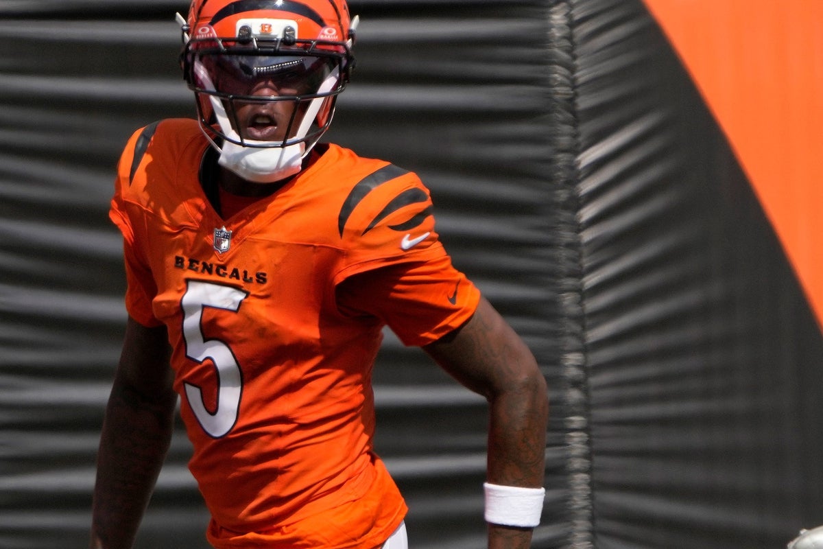 Cincinnati Bengals wide receiver Tee Higgins (5) runs for touchdown over the Jacksonville Jaguars at Paycor Stadium on Sunday, September 14, 2025.