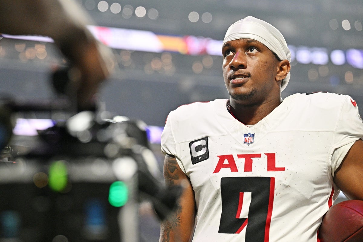 Sep 14, 2025; Minneapolis, Minnesota, USA; Atlanta Falcons quarterback Michael Penix Jr. (9) is interviewed after the game against the Minnesota Vikings at U.S. Bank Stadium. Mandatory Credit: Jeffrey Becker-Imagn Images