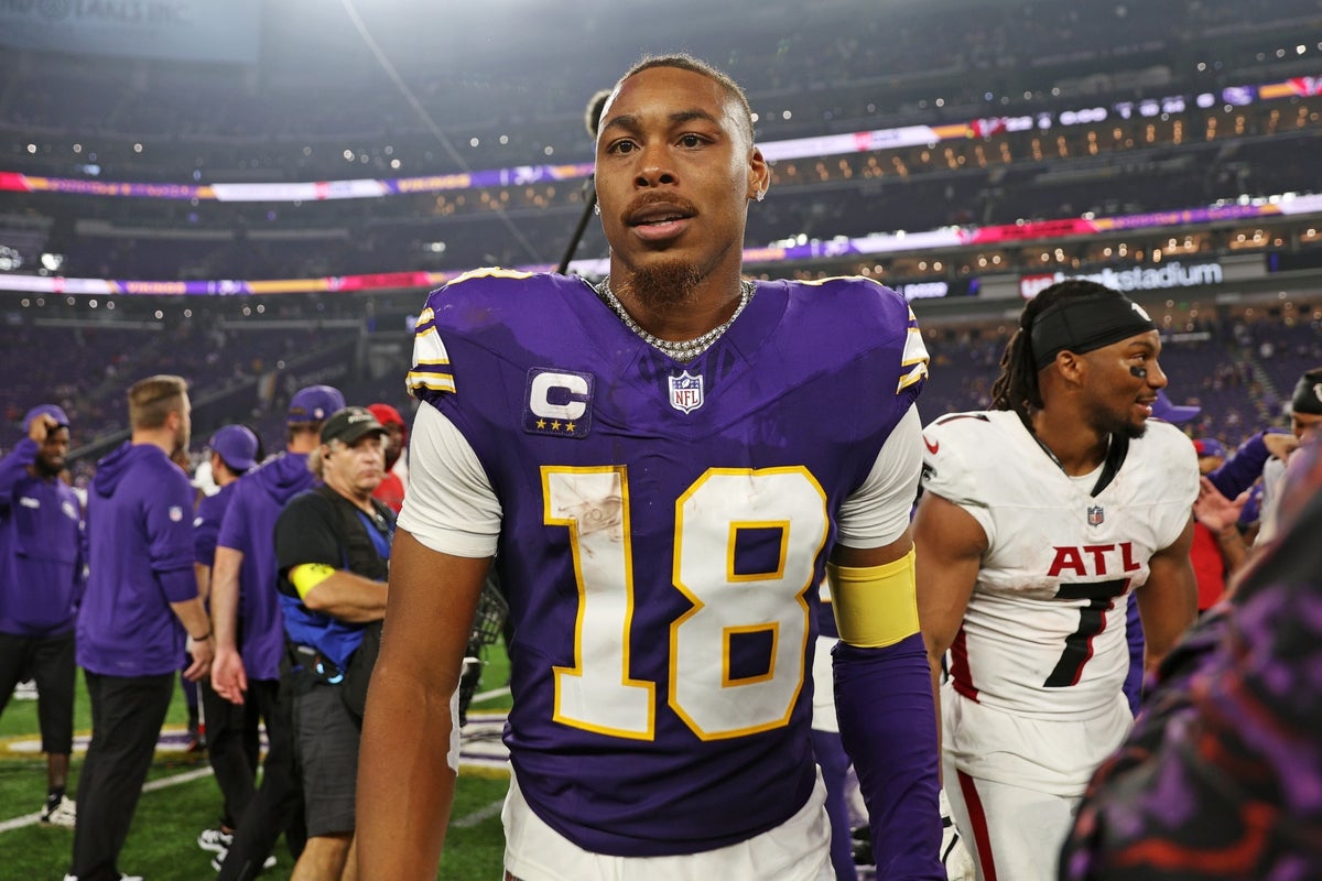 Sep 14, 2025; Minneapolis, Minnesota, USA; Minnesota Vikings wide receiver Justin Jefferson (18) reacts after the game against Atlanta Falcons at U.S. Bank Stadium. Mandatory Credit: Matt Krohn-Imagn Images