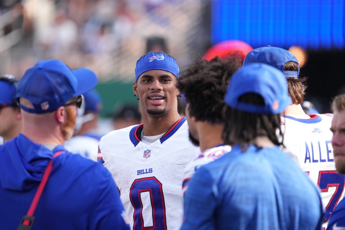 Sep 14, 2025; East Rutherford, New Jersey, USA; Buffalo Bills wide receiver Keon Coleman (0) after the game against the New York Jets at MetLife Stadium. Mandatory Credit: Robert Deutsch-Imagn Images