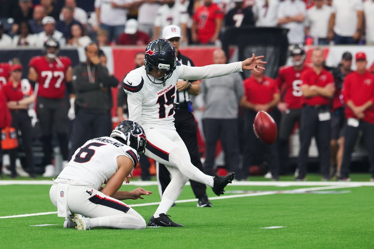 Sep 15, 2025; Houston, Texas, USA; Houston Texans place kicker Ka