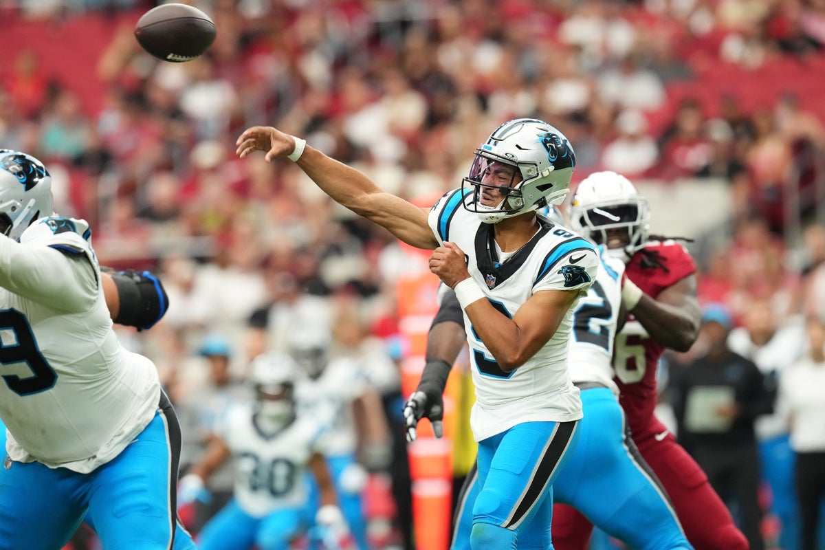 Carolina Panthers quarterback Bryce Young (9) throws a pass against the Arizona Cardinals at State Farm Stadium on Sept 14, 2025.