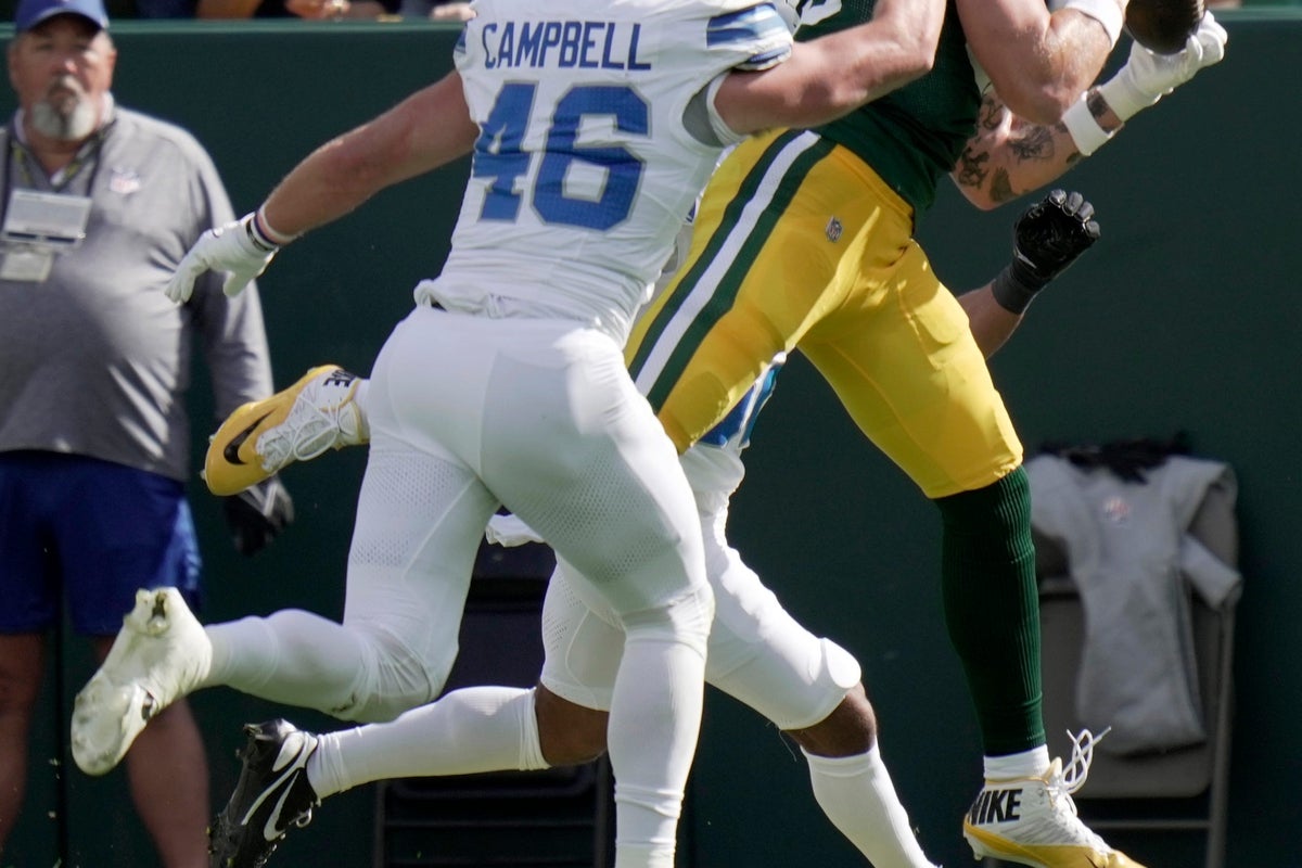 Green Bay Packers tight end Tucker Kraft (85) makes a touchdown reception during the first quarter of their game against the Detroit Lions Sunday, September 7, 2025 at Lambeau Field in Green Bay, Wisconsin.