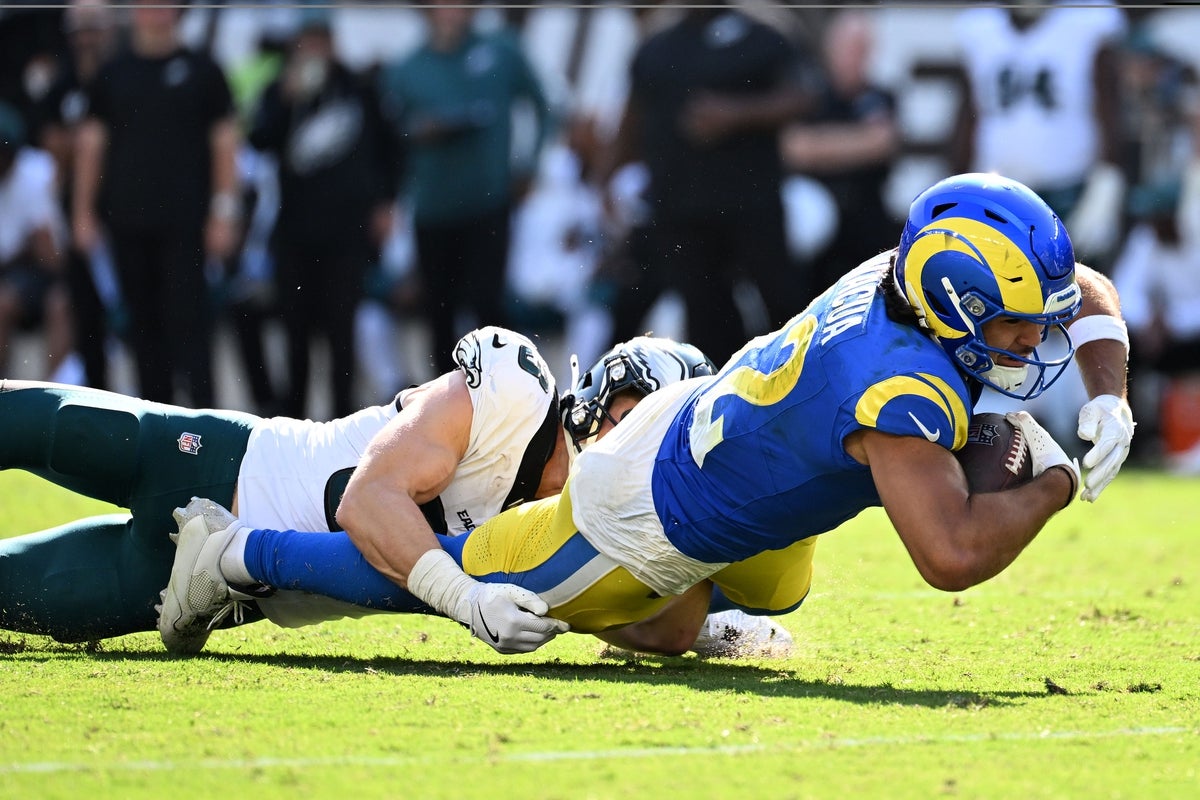 Sep 21, 2025; Philadelphia, Pennsylvania, USA; Los Angeles Rams wide receiver Puka Nacua (12) makes a catch against the Philadelphia Eagles during the second half at Lincoln Financial Field. Mandatory Credit: Eric Hartline-Imagn Images
