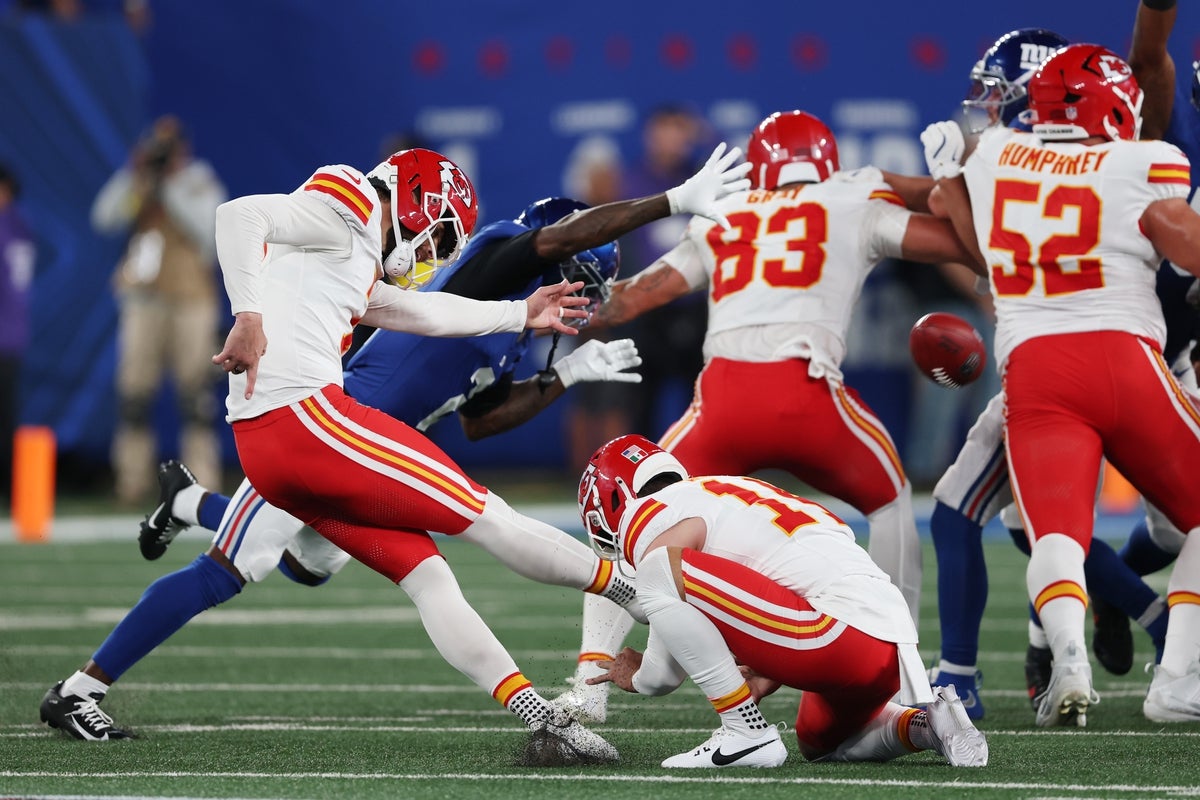 Sep 21, 2025; East Rutherford, New Jersey, USA; Kansas City Chiefs kicker Harrison Butker (7) kicks a field goal against the New York Giants in the second quarter at MetLife Stadium. Mandatory Credit: Vincent Carchietta-Imagn Images