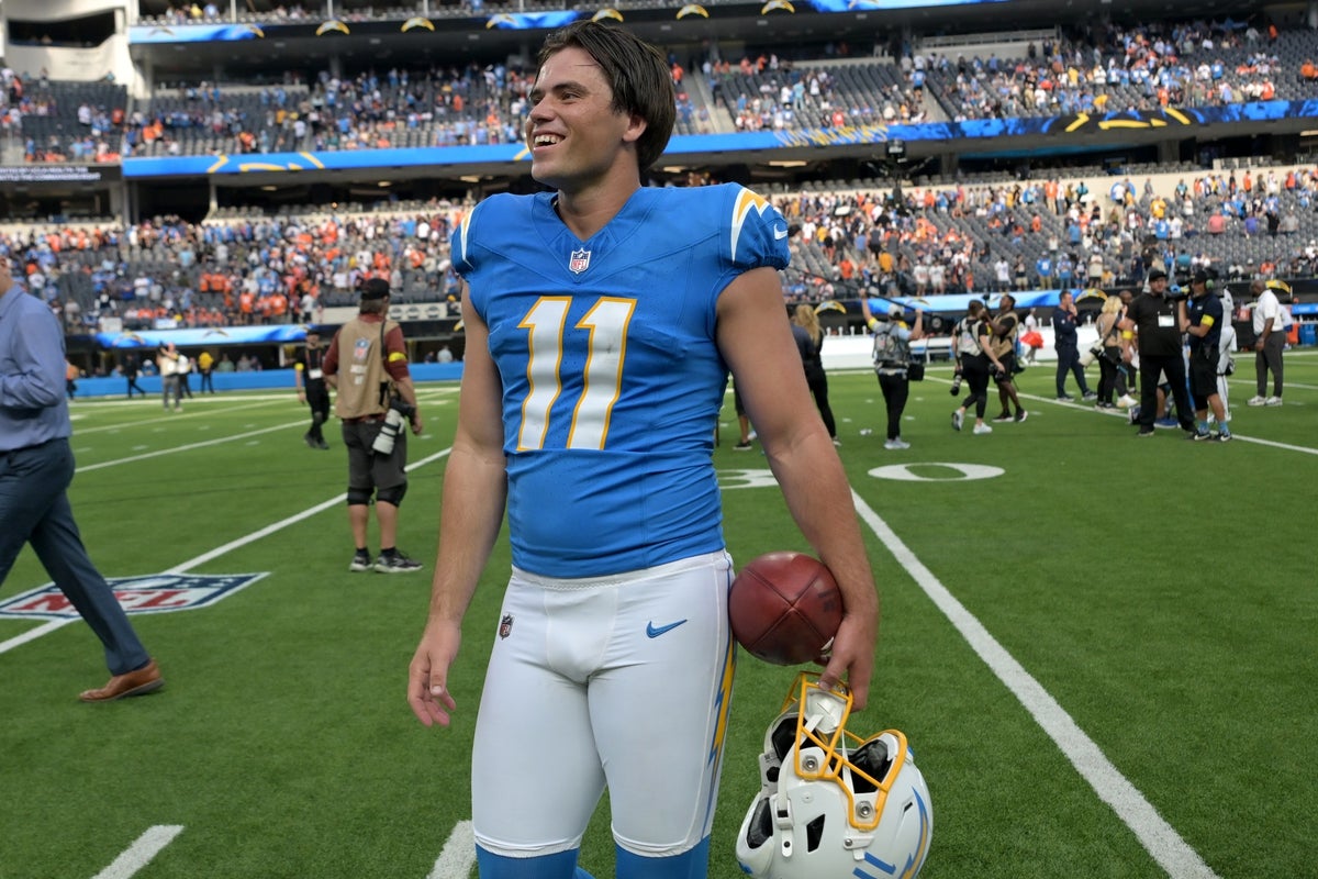 Sep 21, 2025; Inglewood, California, USA; Los Angeles Chargers kicker Cameron Dicker (11) celebrates after defeating the Denver Broncos 23-20 at SoFi Stadium. Mandatory Credit: Jayne Kamin-Oncea-Imagn Images
