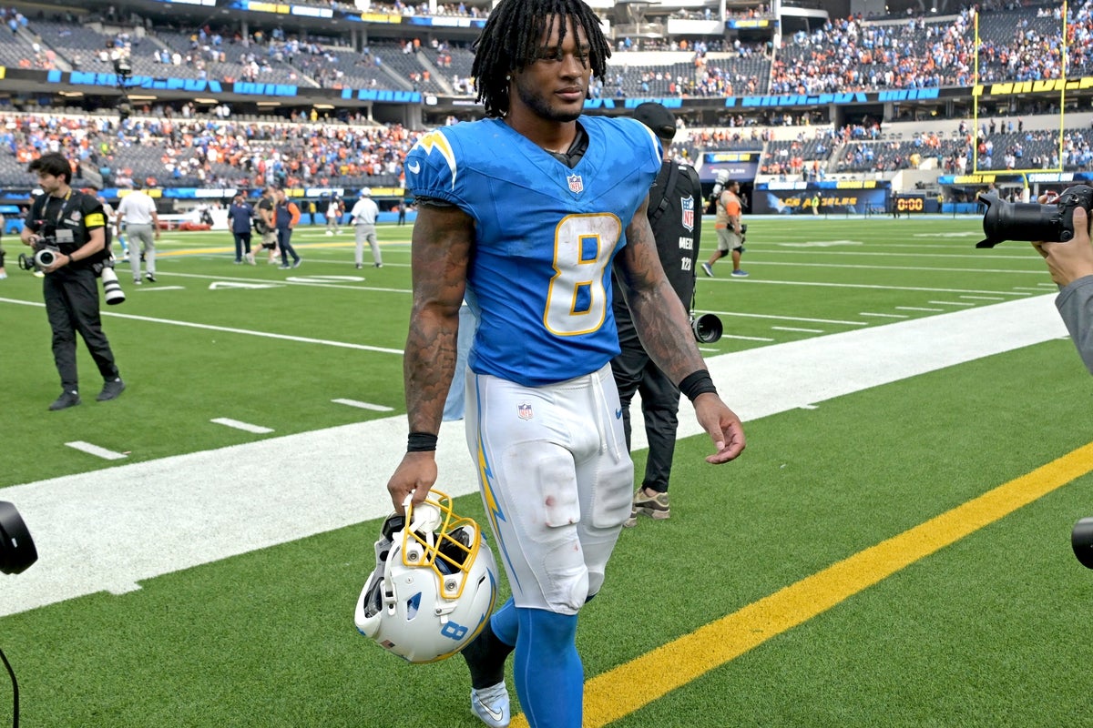 Sep 21, 2025; Inglewood, California, USA; Los Angeles Chargers running back Omarion Hampton (8) leaves the field after defeating the Denver Broncos 23-20 at SoFi Stadium. Mandatory Credit: Jayne Kamin-Oncea-Imagn Images