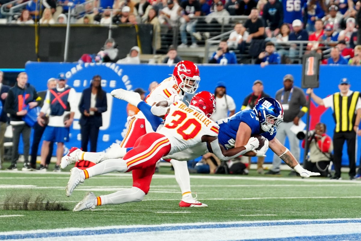 New York Giants running back Cam Skattebo (44) was the one bright light for Big Blue agains the Kansas City Chiefs, Sunday, September 21, 2025. He is shown here while scoring a touchdown.