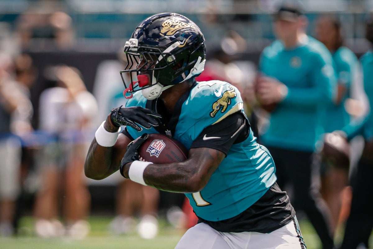 Sep 21, 2025; Jacksonville, Florida, USA; Jacksonville Jaguars running back Travis Etienne Jr. (1) during pregame against the Houston Texans at EverBank Stadium. Mandatory Credit: Travis Register-Imagn Images