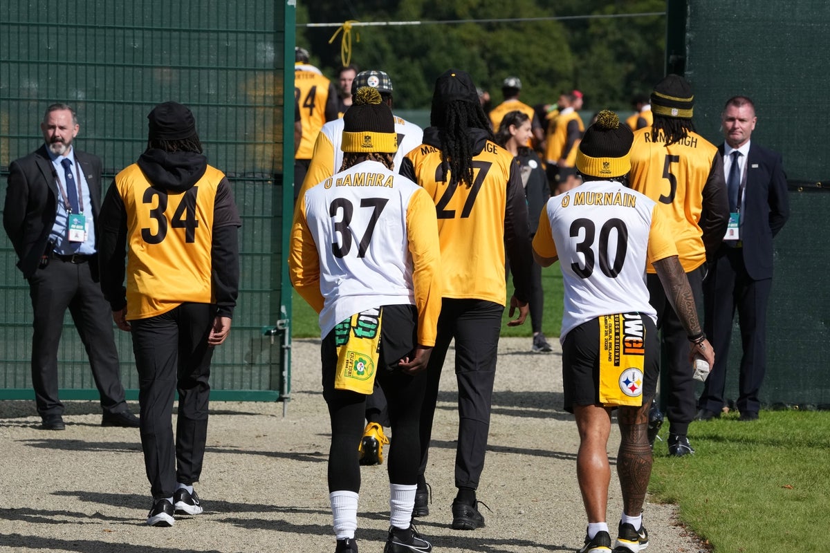 Sep 26, 2025; Maynooth, Ireland; Pittsburgh Steelers cornerback Donte Kent (34), running back Trey Sermon (37)cornerback Cory Trice Jr. (27), running back Jaylen Warren (30) and cornerback Jalen Ramsey (5) arrive to practice at Carton House. Mandatory Credit: Kirby Lee-Imagn Images