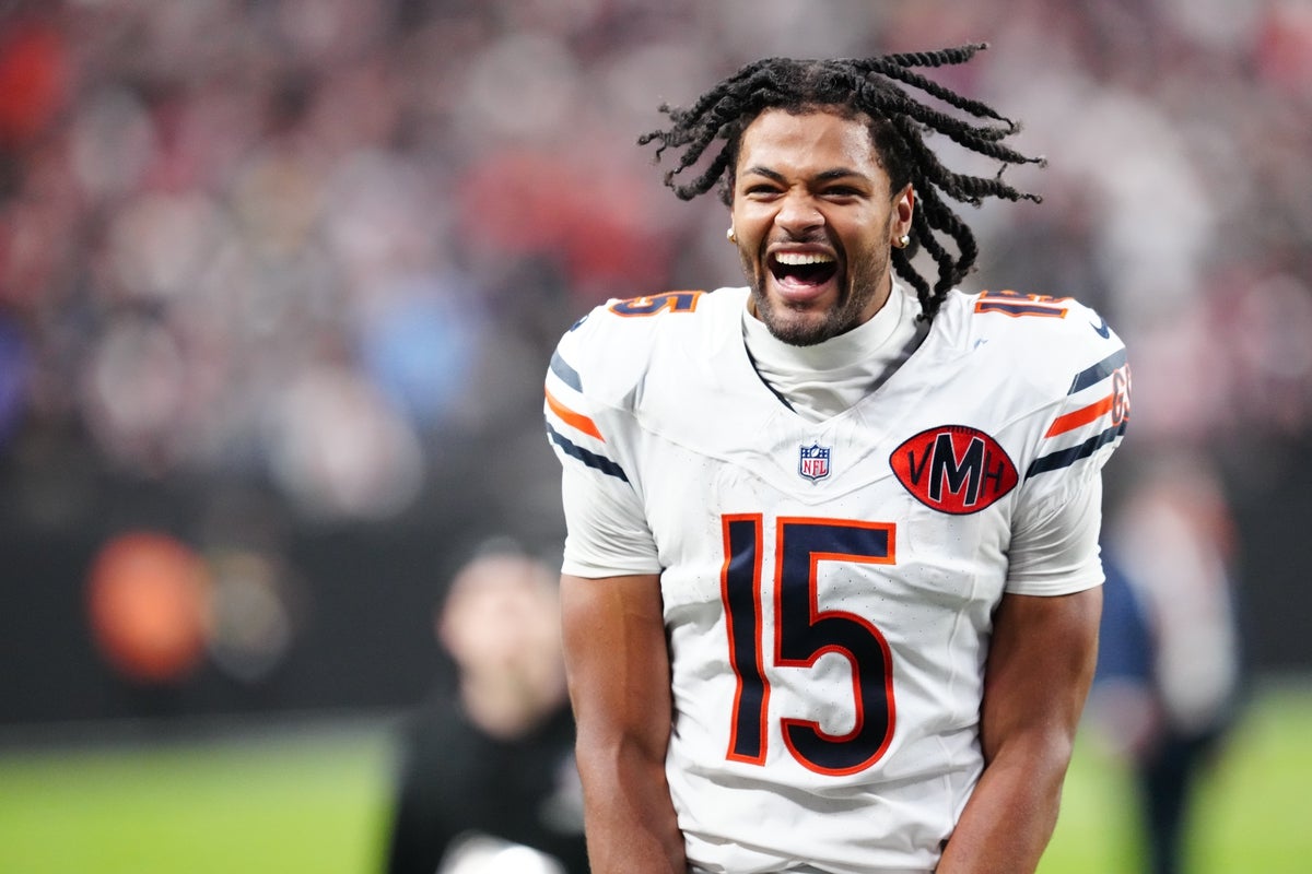 Sep 28, 2025; Paradise, Nevada, USA; Chicago Bears wide receiver Rome Odunze (15) celebrates after the game against the Las Vegas Raiders at Allegiant Stadium. Mandatory Credit: Stephen R. Sylvanie-Imagn Images