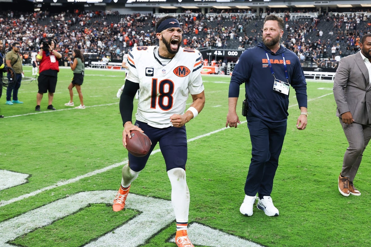 Sep 28, 2025; Paradise, Nevada, USA; Chicago Bears quarterback Caleb Williams (18) celebrates after the game against Las Vegas Raiders at Allegiant Stadium. Mandatory Credit: Kiyoshi Mio-Imagn Images