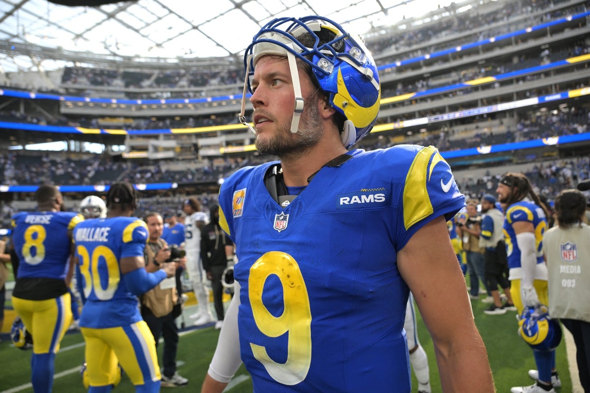 Sep 28, 2025; Inglewood, California, USA; Los Angeles Rams quarterback Matthew Stafford (9) leaves the field after the game against the Indianapolis Colts at SoFi Stadium. Mandatory Credit: Jayne Kamin-Oncea-Imagn Images