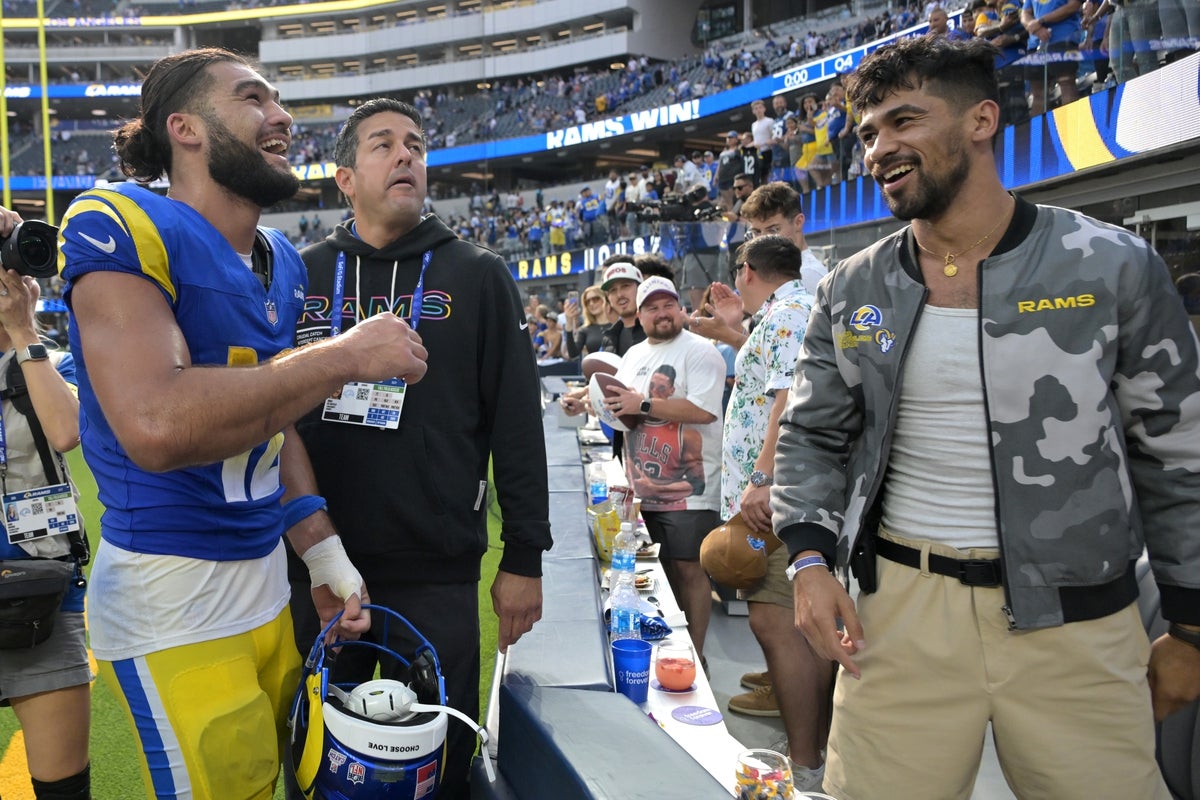 Sep 28, 2025; Inglewood, California, USA; Los Angeles Rams wide receiver Puka Nacua (12) celebrates after the game at SoFi Stadium. Mandatory Credit: Jayne Kamin-Oncea-Imagn Images
