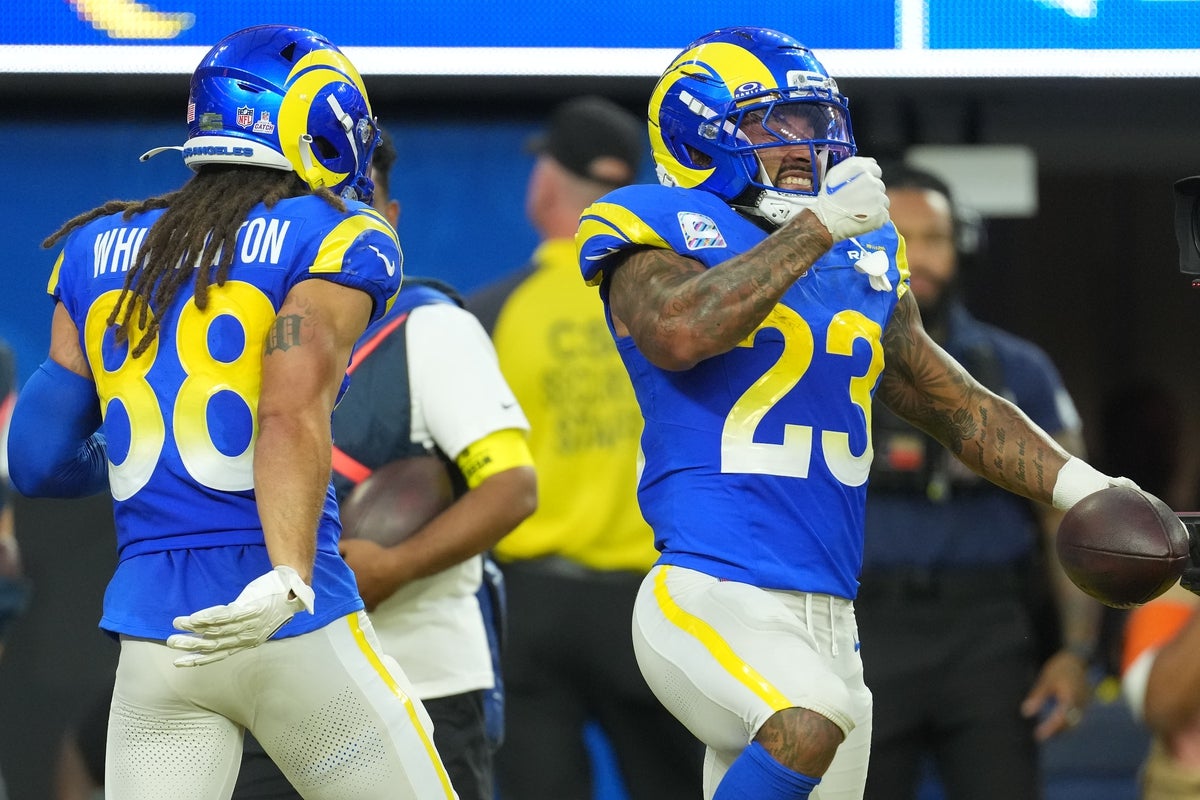 Oct 2, 2025; Inglewood, California, USA; Los Angeles Rams running back Kyren Williams (23) reacts after rushing for a touchdown against the San Francisco 49ers during the first half at SoFi Stadium. Mandatory Credit: Kirby Lee-Imagn Images