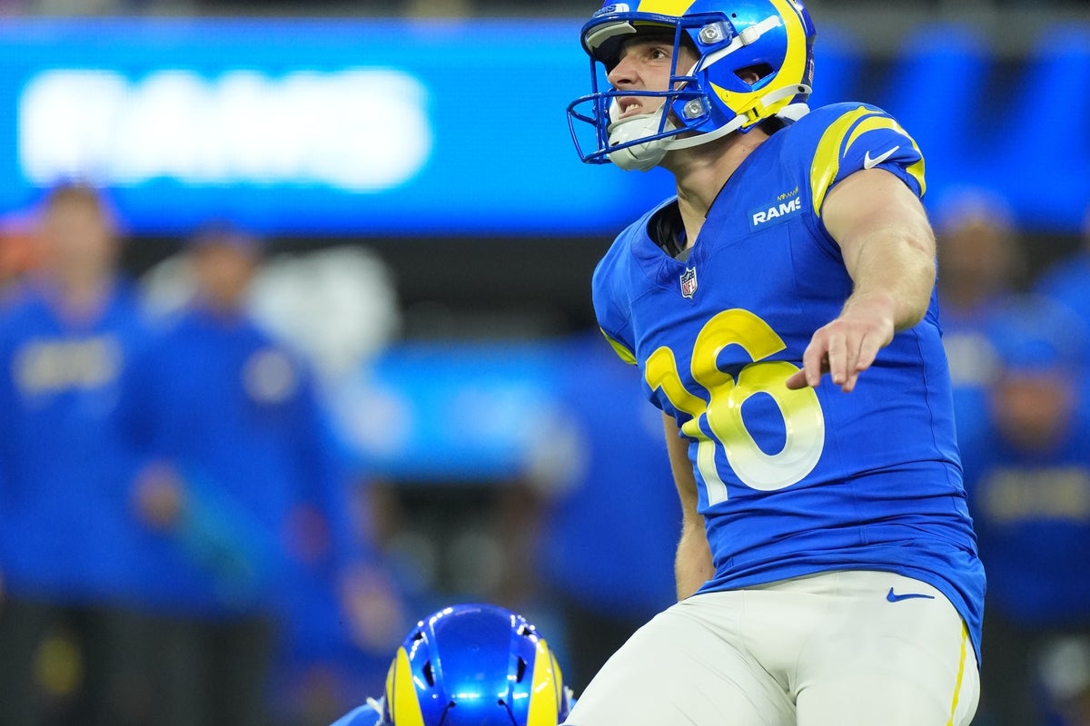 Oct 2, 2025; Inglewood, California, USA; Los Angeles Rams kicker Joshua Karty (16) kicks a PAT against the San Francisco 49ers during the first half at SoFi Stadium. Mandatory Credit: Kirby Lee-Imagn Images