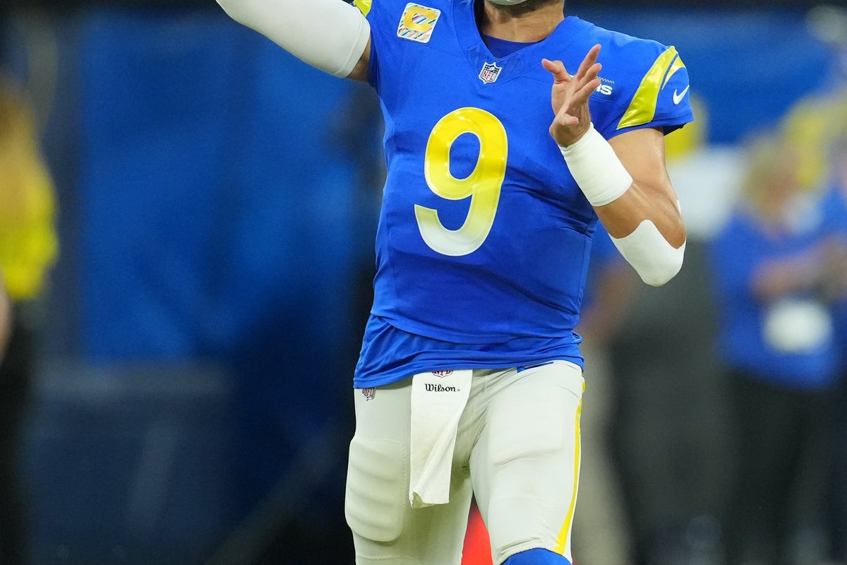 Oct 2, 2025; Inglewood, California, USA; Los Angeles Rams quarterback Matthew Stafford (9) drops back to pass against the San Francisco 49ers during the first half at SoFi Stadium. Mandatory Credit: Kirby Lee-Imagn Images