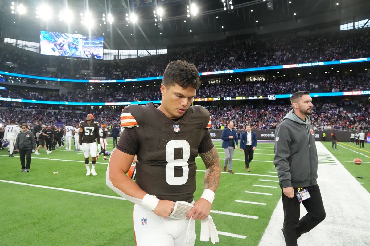 Oct 5, 2025; Tottenham, United Kingdom; Cleveland Browns quarterback Dillon Gabriel (8) walks off the field after their loss against the Minnesota Vikings in an NFL International Series game at Tottenham Hotspur Stadium. Mandatory Credit: Kirby Lee-Imagn Images