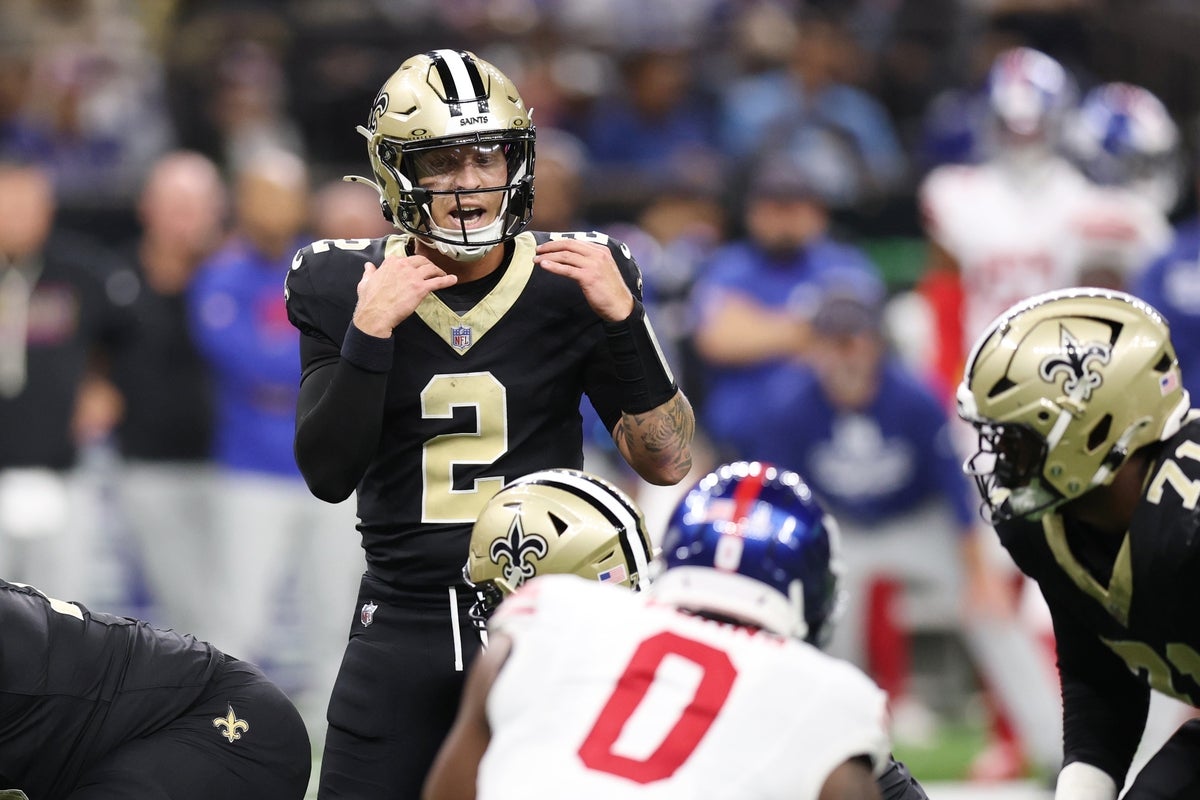 Oct 5, 2025; New Orleans, Louisiana, USA; New Orleans Saints quarterback Spencer Rattler (2) calls a play against the New York Giants during the second half at Caesars Superdome. Mandatory Credit: Stephen Lew-Imagn Images