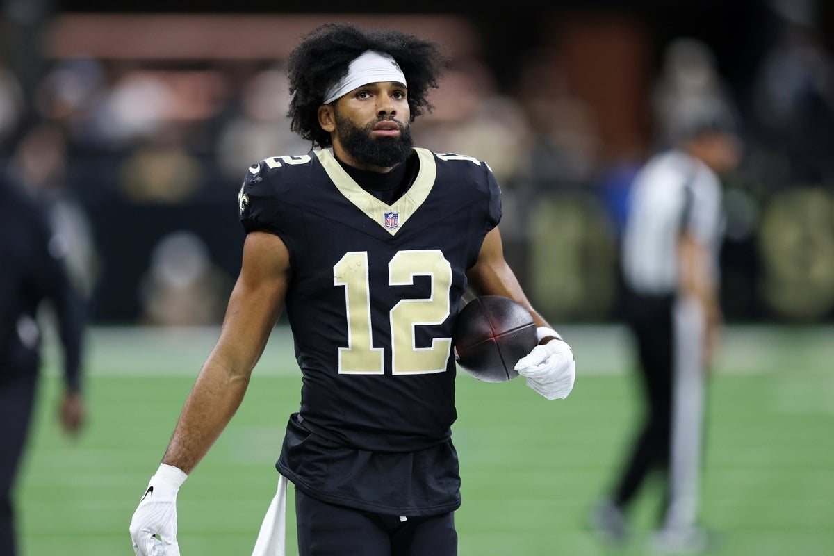 Oct 5, 2025; New Orleans, Louisiana, USA; New Orleans Saints wide receiver Chris Olave (12) walks on the sideline during the second half at Caesars Superdome. Mandatory Credit: Stephen Lew-Imagn Images