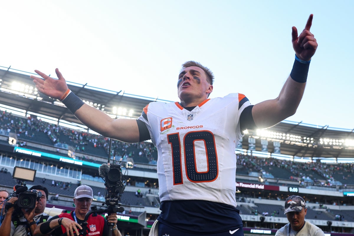 Oct 5, 2025; Philadelphia, Pennsylvania, USA; Denver Broncos quarterback Bo Nix (10) reacts as he walks off the field after a victory against the Philadelphia Eagles at Lincoln Financial Field. Mandatory Credit: Bill Streicher-Imagn Images