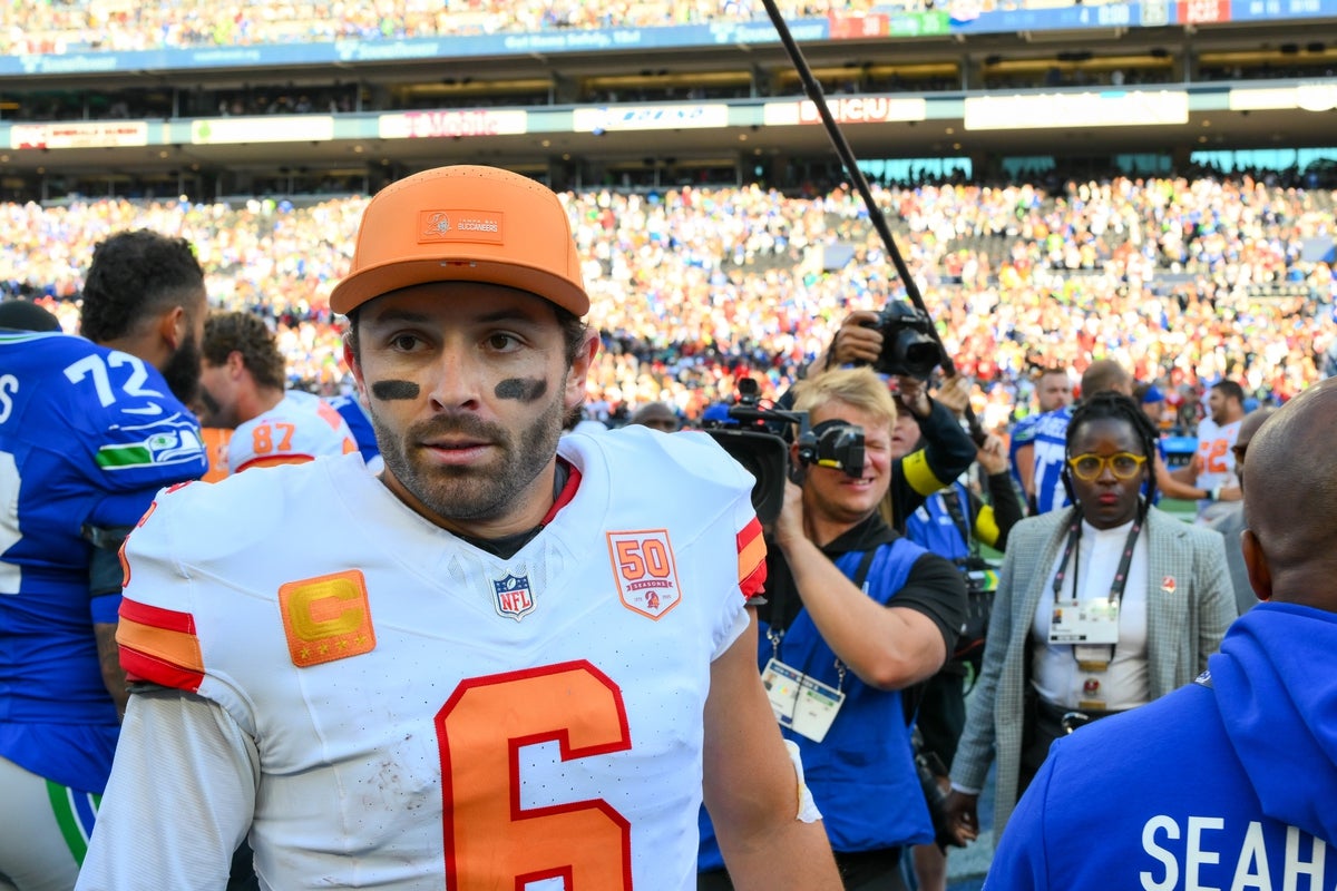 Oct 5, 2025; Seattle, Washington, USA; Tampa Bay Buccaneers quarterback Baker Mayfield (6) following the game against the Seattle Seahawks at Lumen Field. Mandatory Credit: Steven Bisig-Imagn Images
