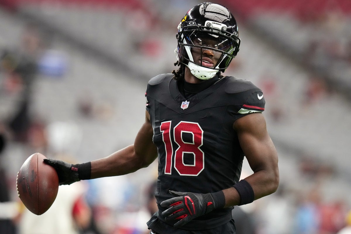 Arizona Cardinals receiver Marvin Harrison Jr. (18) warms up before their game against the Tennessee Titans at State Farm Stadium in Glendale on Oct. 5, 2025.