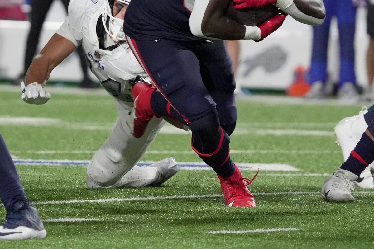 Buffalo Bills safety Cole Bishop misses the tackle on New England Patriots running back Rhamondre Stevenson during second half action at at Highmark Stadium in Orchard Park on Oct. 5, 2025.