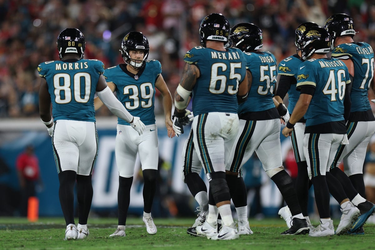Oct 6, 2025; Jacksonville, Florida, USA; Jacksonville Jaguars kicker Cam Little (39) celebrates with teammates after a field goal during the second half against the Kansas City Chiefs at EverBank Stadium. Mandatory Credit: Nathan Ray Seebeck-Imagn Images