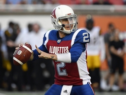 Aug 3, 2018; Montreal, Quebec, CAN; Montreal Alouettes quarterback Johnny Manziel  prepares to throw against the Hamilton Tiger-Cats during the first quarter at Percival Molson Memorial Stadium. Mandatory Credit: Eric Bolte-USA TODAY Sports