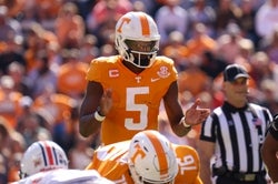 Oct 22, 2022; Knoxville, Tennessee, USA; Tennessee Volunteers quarterback Hendon Hooker (5) during the first half against the Tennessee Martin Skyhawks at Neyland Stadium. Mandatory Credit: Randy Sartin-USA TODAY Sports
