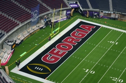 Jan 9, 2023; Inglewood, CA, USA; A general view of the stadium and logos on the field before the CFP national championship game between the TCU Horned Frogs and Georgia Bulldogs at SoFi Stadium. Mandatory Credit: Kirby Lee-USA TODAY Sports