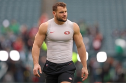 Jan 29, 2023; Philadelphia, Pennsylvania, USA; San Francisco 49ers defensive end Nick Bosa (97) during warmups against the Philadelphia Eagles in the NFC Championship game at Lincoln Financial Field. Mandatory Credit: Bill Streicher-USA TODAY Sports